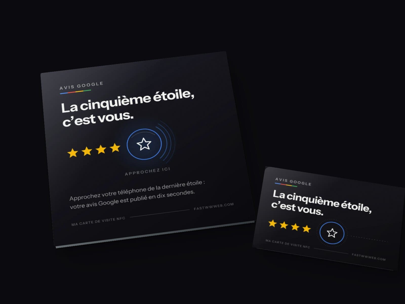 La plaque NFC « Avis Google » en plexiglas et la carte NFC assortie, avec leur visuel réel